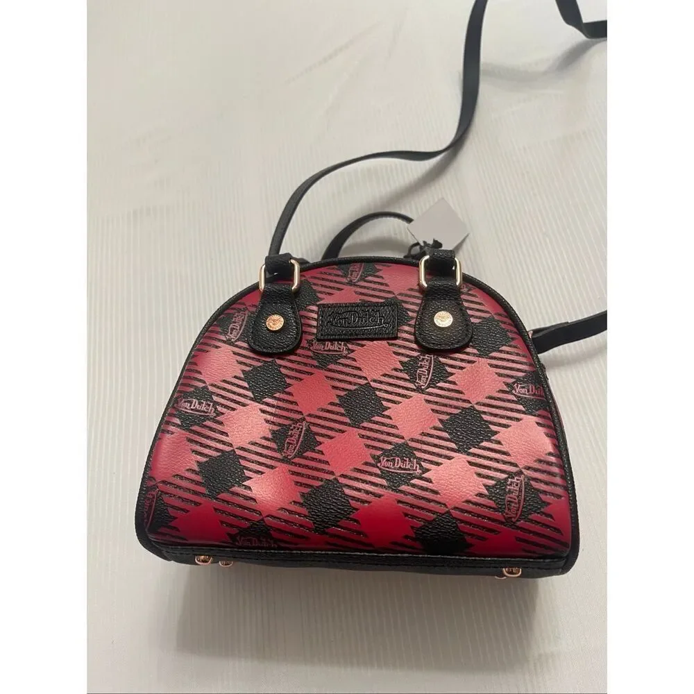 NWT Von Dutch Red Black Plaid Bowling Bag Crossbody Purse NIB New